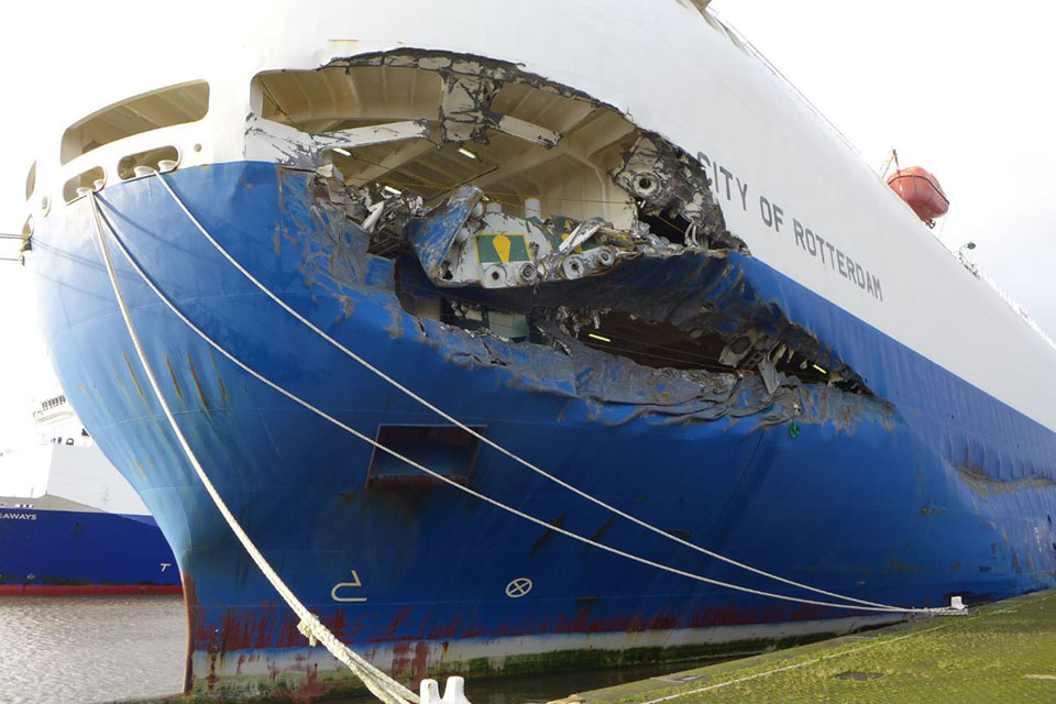 Bow damage to the City of Rotterdam following the 2015 collision (MAIB report)