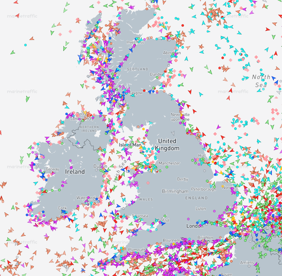 Live AIS traffic snapshot of vessels around the UK and Ireland