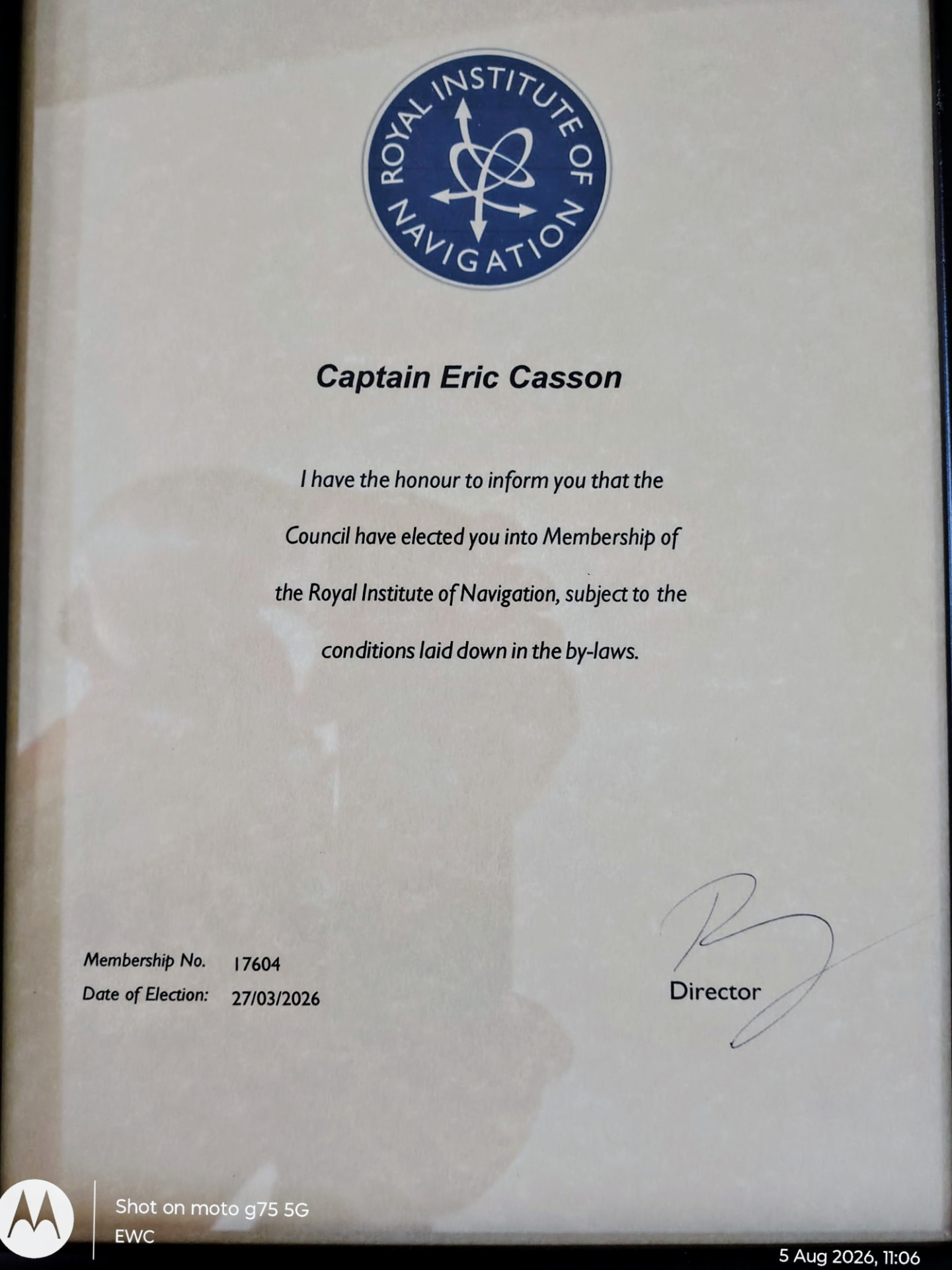Royal Institute of Navigation membership certificate for Captain Eric Casson